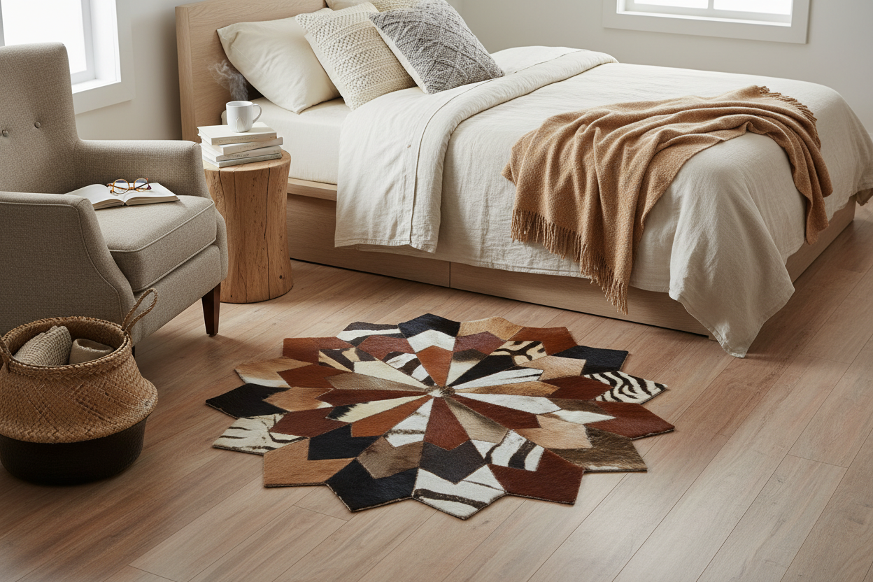 African Animal Hide Flower Shape Area Rug in Cozy Setting