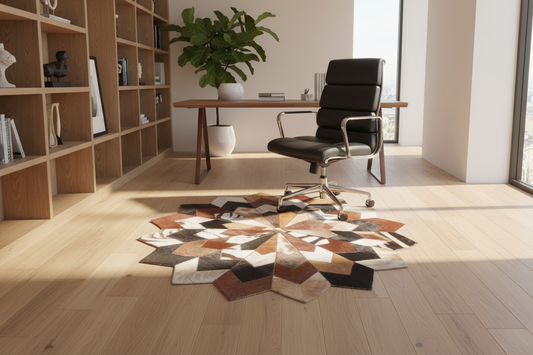 African Animal Hide Patchwork Area Rug in Stylish Office